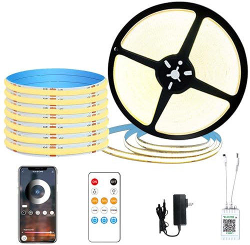 GAOUTO Tira LED COB de 5 m, control por aplicación, tira COB con mando a distancia, 3000 K, blanco cálido, tira de luz de 24 V regulable, blanco cálido, cinta de luz para casa, cocina, habitación,