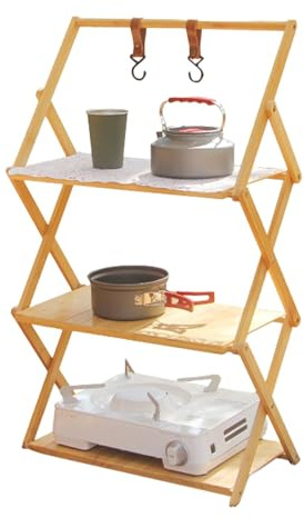 Huyeruie Faltbares Holzregal, Faltbare Campingregale, mehrstöckiges Campingregal, Starke Tragfähigkeit, breite Anwendungen, Camping Klappregal, Faltbares glatt für Outdoor-Camping (3/4 Schicht)