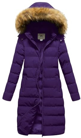 Beokeuioe Manteau d'hiver chaud pour femme - Manteau matelassé long avec capuche amovible et col en fourrure synthétique - Doudoune rembourrée - Veste matelassée - Veste d'extérieur, Violet, M