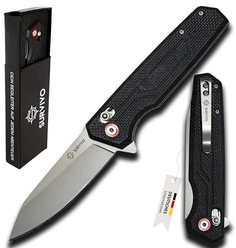 SK1 Klappmesser - Taschenmesser aus D2-Stahl mit Titan-Beschichtung & G10 Griff - Outdoor Einhandmesser für Survival, EDC, Alltag & Abenteuer - (G10 Schwarz)