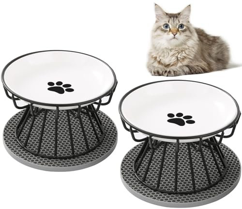 Aevcvok Comedero Gato Elevado, 2X Cuencos para Gatos de Cerámica con Soporte y Alfombrilla Antideslizante, Plato Comida Gato Plano para Aliviar la Fatiga de los Bigotes