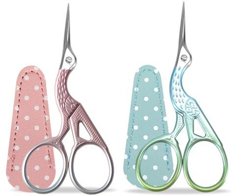 Stickschere 2er Set, Kleine Storchenschere Edelstahlschere für Bastelarbeiten Nähen mit Scherenüberzug aus Kunstleder - Rosa und Blau