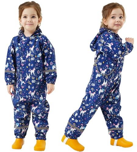 Fewlby Chubasquero Niñas Traje Impermeable, Chaqueta de Lluvia Poncho con Capucha Niños Traje de Lluvia Abrigos Impermeables Reutilizable Mono Impermeable 1-10 Años