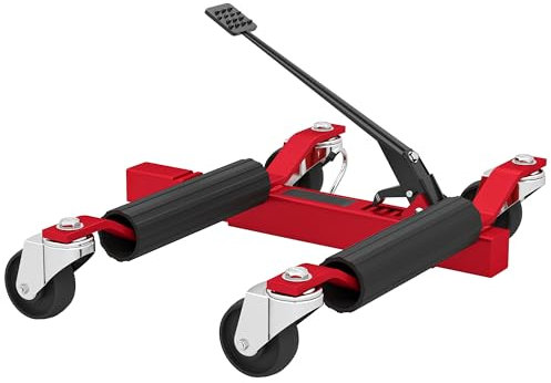 HOMCOM Chariot de manutention de Voiture capacité 680 kg, Chariot de déplacement hydraulique Largeur de Pneu 30,5 cm, Roues rotatives à 360 °, pour Voitures, SUV, ATV, 63 x 57-72 x 33 cm, Rouge
