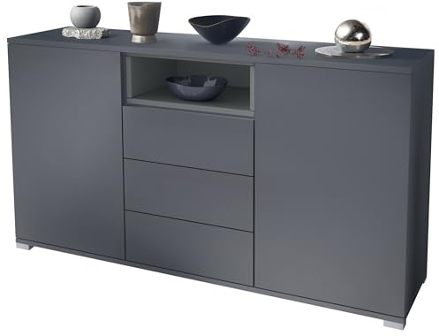 Vladon Skadu V2 Sideboard, Kommode mit 2 Türen, 3 Schubladen und 1 offenem Fach, Anthrazit matt/Graphit Seidenmatt (138,5 x 75,5 x 35 cm)