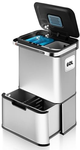 Hom&Com – Poubelle Tri Selectif 3 Bac 60L – Capteur Automatique Cuisine – Ozoniseur, Couvercle Soft-Close & Double Compartiment avec Filtre à Odeur (Argent)