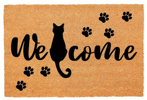 Funny Coir Doormat Welcome Mats with Heavy Duty Front Porch Patio Welcome Mats Entry Natural Coconut Brown Mat Novelty Gift Doormat 23.7 x 15.7 inch (Welcome Sitting Cute Black Cat)