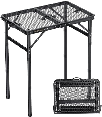 Folding Camping Table, 22 x 15 Picnic Table with 3 Adjustable Height Max 27.5, Matte Black Aluminum Folding Table with Handle for Party, Dining, Garden, Patio, Market (2-Fold Mesh Tabletop)