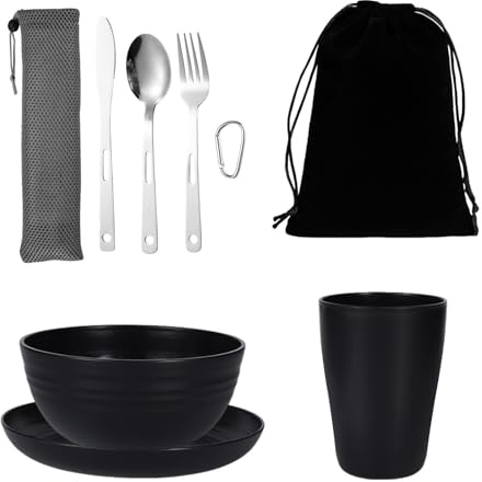 OMJMYY Set de Couverts de Camping Réutilisable avec Tasse Légère Bol Assiette et Set de Couverts en Acier Inoxydable avec Sac de Transport Camping Mess pour Maison Extérieur Pique-Nique