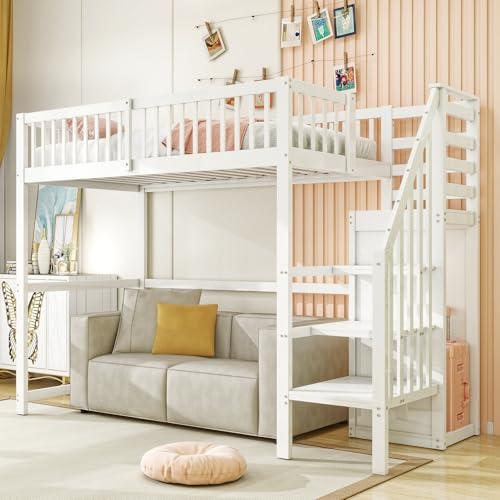 Kelodan Cama alta 90x200 con escalera,Cuna de madera blanca con estante de almacenamiento,Armario simple
