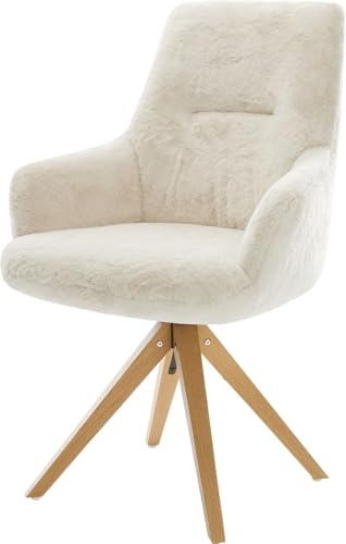 DELIFE Esszimmerstuhl Zelia-Flex mit Armlehnen Holzgestell kantig Natur Plüsch Creme-Weiß 180° drehbar Taschenfederkern