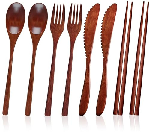 8 Pcs Wooden Cutlery, Cutlery Set Woodens Spoon Wooden Forks Chopsticks, Reusable Wood Utensil Set, Cooking Tools Sushi Dinnerware Tableware for Family Travel Applicable to Home Office