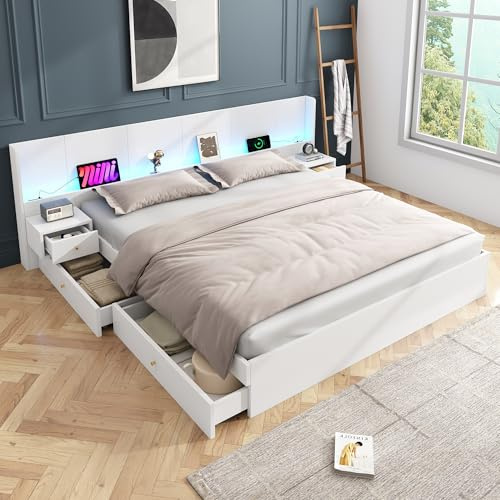 Goldicoo Lit double avec éclairage LED et port USB, 180 x 200 cm, en bois MDF, blanc, contrôlable par application, 2 tables de chevet avec tiroirs, sommier à lattes, sans matelas