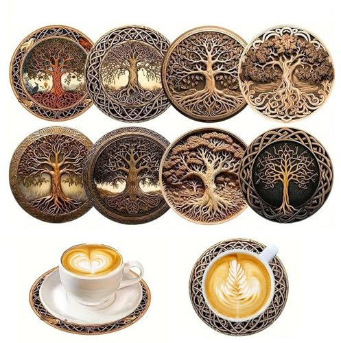 8 Pcs 10 X 10 Cm 2D Tree Of Life Wooden Coaster And Placemat Set | Cork-Back Non-Slip Table Protectors, Home Décor And Housewarming Gifts