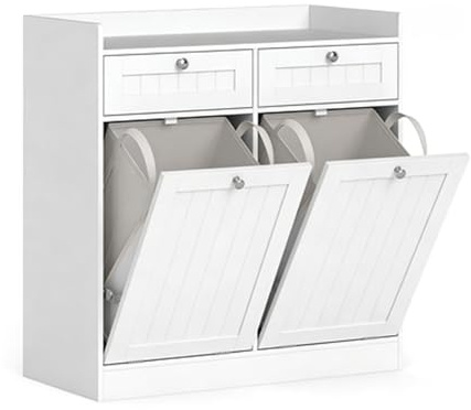 LIFEZEAL Wäscheschrank, Badschrank mit Wäschekörbe & Schublade, Wäschesammler mit herausnehmbaren Innentaschen mit Griffen, Badezimmerschrank für Bad, Waschküche, Weiß (79 x 40 x 80 cm)