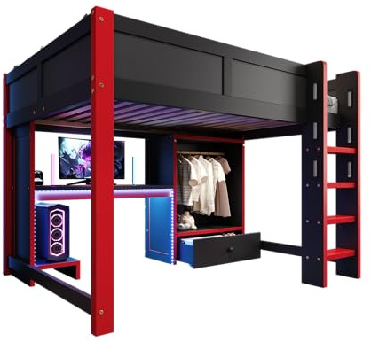 SOFTWEARY Hochbett mit Schreibtisch, LED-Streifen, Kleiderschrank, PC-Ständer, Leiter, Lattenrost, Schubladen, Rausfallschutz, 140x200cm, Kinderbett