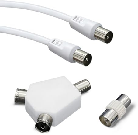 Totely Aerial Lead Kit (2 Pack) 10m Male to Male Coaxial Cable with Coupler and Y Splitter - TV Aerial Extension Cable Set with Nickel-Plated Connectors for TVs, Set-Top Boxes, Radio and Audio Devices
