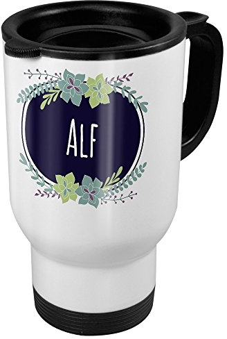 printplanet Thermobecher weiß mit Namen Alf - Motiv Flowers - Coffee to Go Becher, Thermo-Tasse