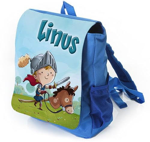 Unikatolo Werbetreff Gera Kinder-Rucksack mit Name - Personalisierter Kindergarten-Rucksack - Kita-Tasche - bedruckt - Geschenk-Idee Junge - Ritter - Blau