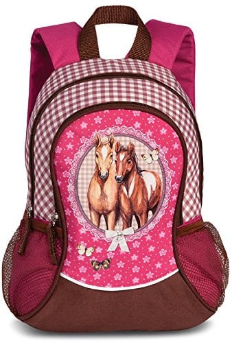 Ragusa-Trade Kinderrucksack Mädchen Pferde Rucksack Kindergartenrucksack Pferd mit Hauptfach und Nebenfach Getränkenetz - 4 Liter - 35 x 27 x 15 cm, pink/lila