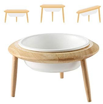 Blanc Hauteur Réglable Porte-gamelle Surélevée Pet Gamelles pour Chien et Chat Gamelles Chien Chat Céramique avec Bambou Support en Bois Grand