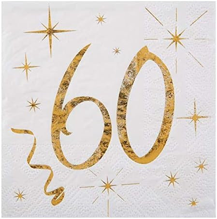 Geburtstags-Servietten 60 zum 60. Geburtstag in weiß & metallic-gold Cocktail-Größe / Geburtstags-Deko Geburtstags-Feier Tisch-Dekoration 60. Geburtstag Mann & Frau Runder Geburtstag 60 Servietten