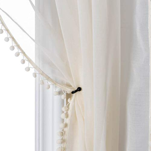 MISS SELECTEX Durchsichtige Vorhänge in Leinenoptik mit Bommeln, Quasten, Voile, halbtransparente Vorhänge für Wohn- und Schlafzimmer, Set mit 2 Vorhängen (106,7 x 274,3 cm, elfenbeinfarben)
