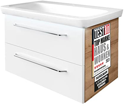 FACKELMANN Milano Badmöbel Set 3 Teile – Waschbecken aus Keramik in Weiß mit Unterschrank in Weiß mit Holz braun – Waschbeckenunterschrank mit Schubladen und Beleuchtung – 88 cm breit