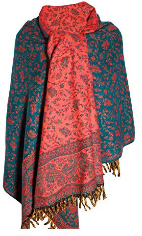 Handgefertigter Winterschal mit Blumenmuster, Übergröße, wendbar, reine Yakwolle, Blaugrün / Orange, Blaugrün / Orange, Einheitsgröße