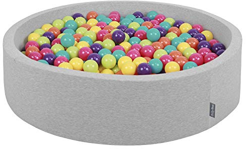 KiddyMoon Bällebad 120X30cm/200 Bälle Rund Groß Bällepool Mit Bunten Bällen Für Babys Kinder, Hellgrau:Hellgrün-Gelb-Türkis-Orange-Pink-Violett