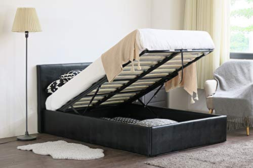 MODERNIQUE Bilancio Ottoman Storage BLACK Faux_Leather Single (3FT) Bounce Sprung Slats Base, Gas Lift up End Up Fabric Covered Floor Massive Storage Bed (Black, Single (3FT))