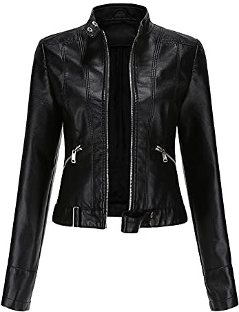 YFFUSHI Damen Kurze Lederjacke Blouson aus Kunstleder Bomberjacke Casual Mit Reißverschluss Coat,Schwarz,L