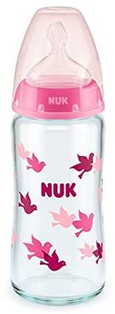 NUK First Choice+ Glas-Babyflasche mit Temperature Control, kiefergerechter Trinksauger, 240ml, 0-6 Monate, rosa