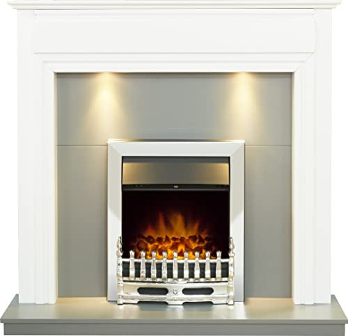 Adam Honley Fireplace in Pure White & Grey with Downlights& Blenheim Electric Fire in Chrome, 48 Inch