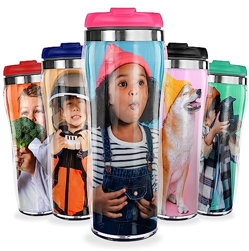 Pixly® Personalised Custom Photo Thermal Travel Mug - 400ml/14oz Capacity - Stainless Steel Coffee Tea Flask with Picture - Black, Red, Blue, Pink (Pink)