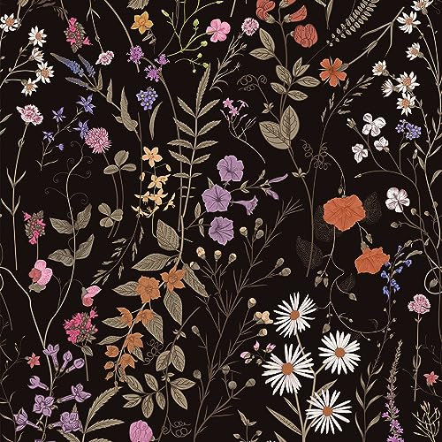 JiffDiff Dark Wild Flowers Wallpaper, Farm Floral, Peel and Stick, Self Adhesive Daisy Wall Stick 17.3x118 Covering 14sq.ft