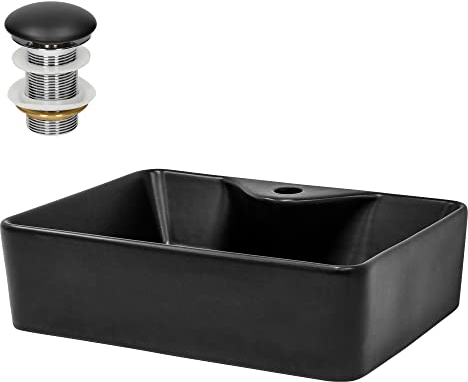 ML-Design Waschbecken aus Keramik in Schwarz matt 49x36,5x14 cm mit Ablaufgarnitur, Abgerundeten Ecken, Aufsatzwaschbecken, Moderne Waschtisch, Waschschale mit Armaturloch, Waschplatz Handwaschbecken