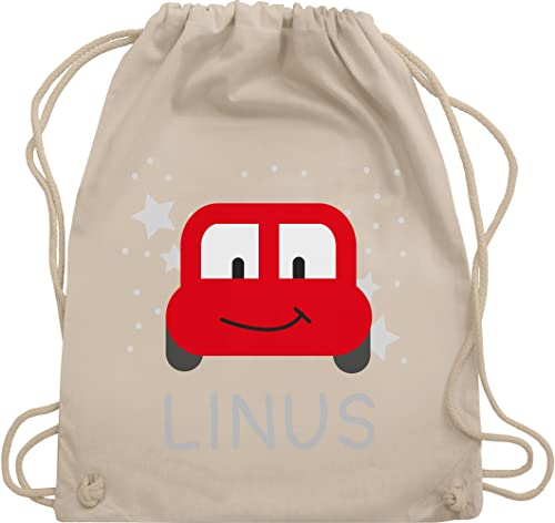 Turnbeutel Rucksack - Spielzeug Auto und Dein Name - Unisize - Naturweiß - turn beutel kita kinder turnen tasche jungen kindergarten stoffrucksack junge stoff personalisierte stofftasche bag