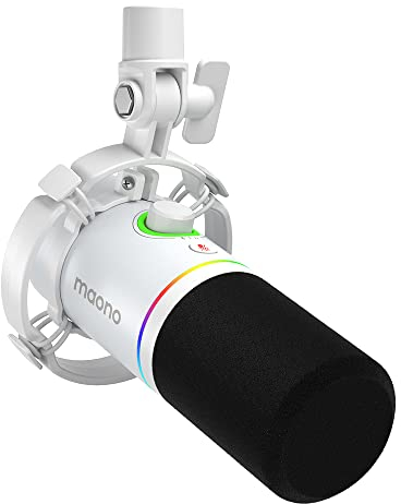 MAONO Micrófono de podcast XLR/USB, micrófono dinámico de PC para grabación, transmisión, juegos y voz, micrófono de metal con software, perilla de ganancia y control de volumen, PD200X (blanco)