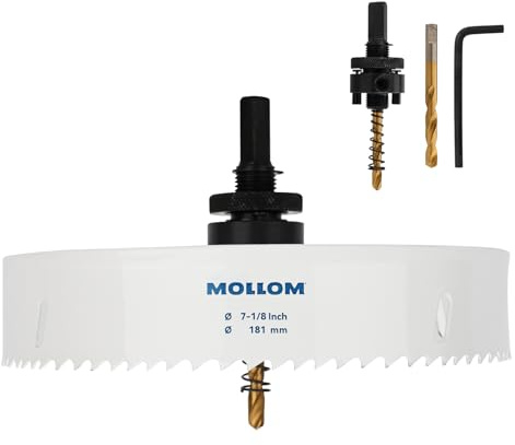 Mollom 181mm (7-1/8) HSS M42 Bi-Metall-Lochsäge 8% Kobalt mit Aufnahmedorn | 2 Zentrierbohrer, sauberer Schnitt in PVC, Gipskarton, Holz, Kunststoff, Metall, Gummi