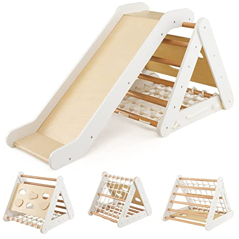 DREAMADE 4 IN 1 Kletterdreieck mit Rutsche und Kletternetz, Holzdreieck Kletterspielzeug aus Holz, Indoor Klettergerüst zum Rutschen und Klettern für Kinder ab 1 Jahr (Weiß)