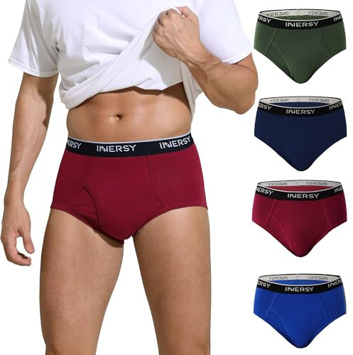 INNERSY Elderly Mens Briefs Underwear Cotton Underpants with Fly Pack of 4 | High Waisted Pants Multipack, Full Back Coverage, Front Opening, Classic Cut, Breathable Fabric, Tag-free, Sports/Casual/Work