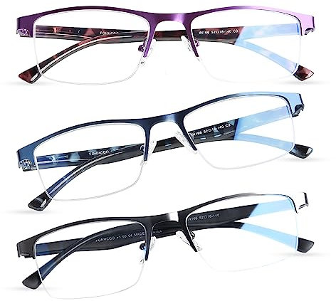 FONHCOO Lesebrille Damen Herren Quadratischer Rahmen, 3 Pack Metall Halbrahmen Computer Reader UV-Schutz (2.0)
