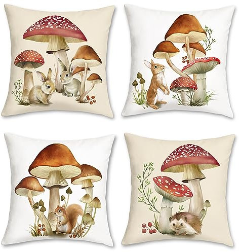 Bonhause 4er Set Kissenbezüge Herbst Pilz 45 x 45 cm Braun Rot Pilz Kaninchen Eichhörnchen Dekorative Kissenhülle Zierkissenbezüge für Sofa Schlafzimmer Garten Zuhause Dekoration