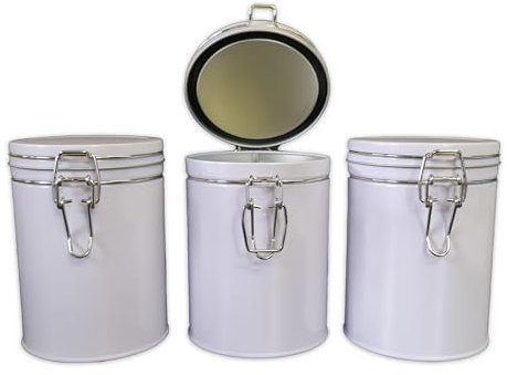 SHC Web 3 x White Clip Lid Kitchen Storage Canister Airtight - Tea/Coffee/Sugar/Biscuits/Food - 700ml 1 Pint Metal Tin Pack