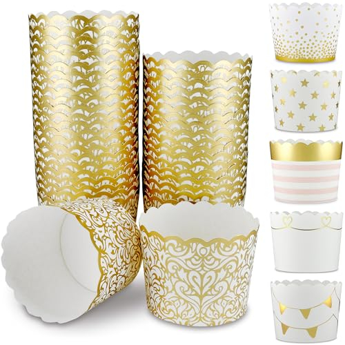 Frau WunderVoll® 25 Muffin Backformen, weiß Gold Ornament/Barock, Durchmesser 6,1 cm/Muffins Muffinbackform Muffinform Form Backförmchen Cupcake Formen Förmchen Papier Cupcakeformen