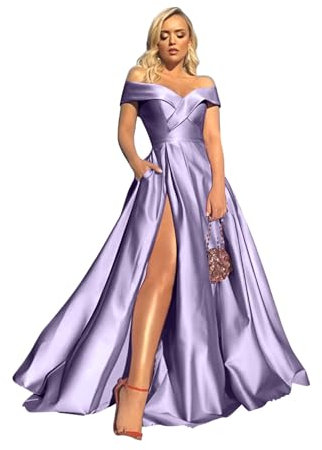 Generico Abito Donna Lungo Scollo Cuore Bretelle Monocolore Spacco Alto Elegante Cerimonia Lilla/Taglia Unica