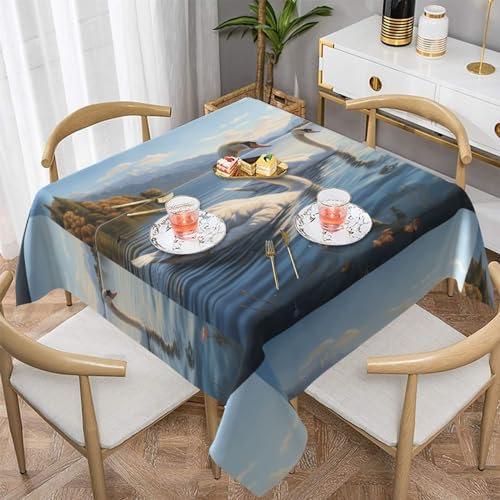 RoMuKa Weiße Tischdecke mit Schwan am See, knitter- und schrumpffrei, quadratisch, öl- und schmutzabweisend, lichtbeständig, 137,2 cm und 152,4 cm, verleiht dem Tisch einen neuen Look