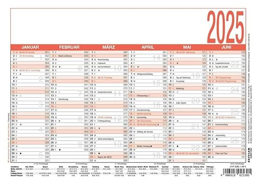 Zettler - Arbeitstagekalender 2025 weiß/rot, 21x14,8cm, Plakatkalender mit Monatsübersicht, 6 Monate auf 1 Seite, Ferientermine, Arbeitstage-, Tages- und Wochenzählung und deutsches Kalendarium