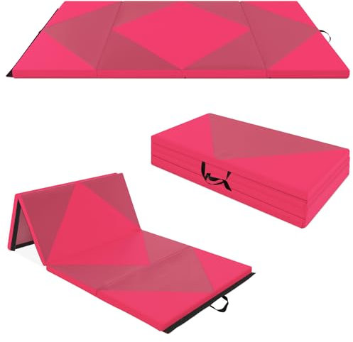GYMAX Tapis de Gymnastique Pliable Épais 240x116x5cm, Combinaisonable avec Attaches Auto-Agrippante, Portable avec Poignée de Transport, pour Fitness, Exercice, Yoga, Étirement, Pilate (Rose)